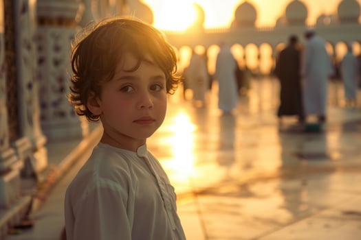 Young child posing in traditional clothing at sunset in sheikh zayed grand mosque photo