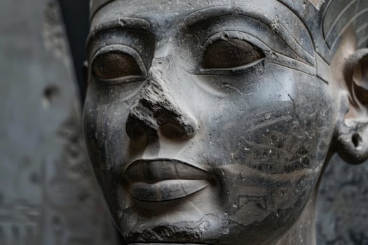 Close up of ancient egyptian pharaoh statue showing intricate details and weathering photo