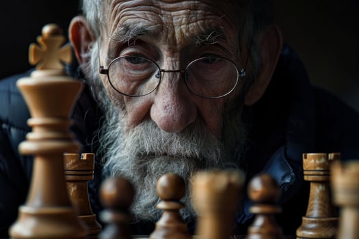 Senior man playing chess, focusing on the next move photo