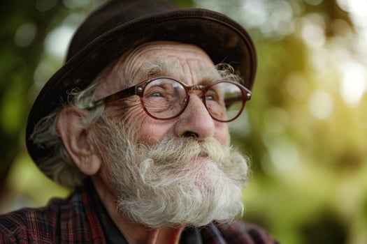 Senior man wearing hat and glasses enjoying nature photo