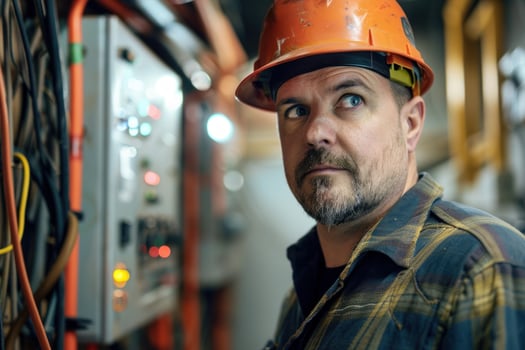 Industrial worker inspecting electrical panel in manufacturing plant photo