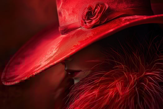Elegant woman wearing red hat and feather boa hiding her face photo
