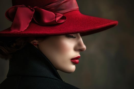 Elegant woman wearing red hat and red lipstick posing in profile photo