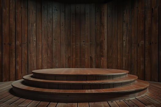 Round wooden podium displaying products on rustic barn wood background photo