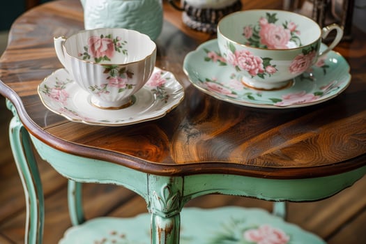 Elegant teacups resting on a vintage painted table photo