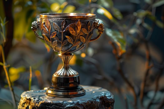 Ornate silver and gold cup standing on stone pedestal in lush garden setting photo