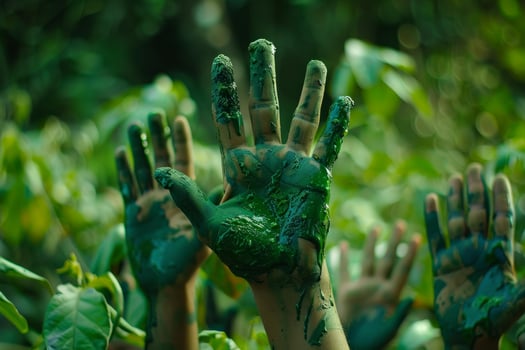 Children showing hands covered in green paint promoting environmental awareness photo