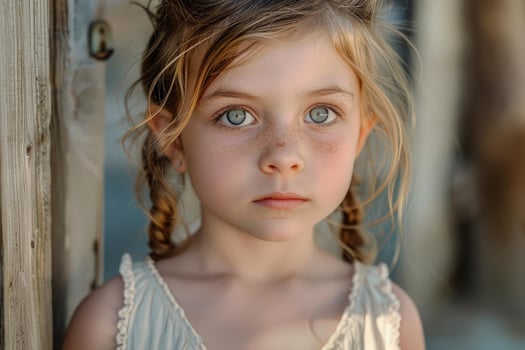 Portrait of adorable freckled child with braids posing outdoors photo