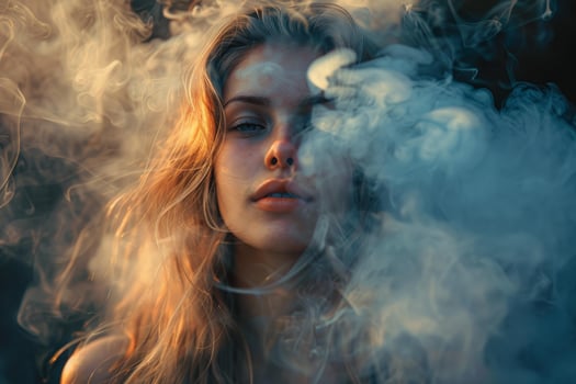 Young woman vaping and exhaling large clouds of smoke at sunset photo