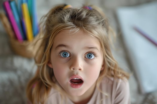 Portrait of shocked little girl opening her mouth and showing surprise photo