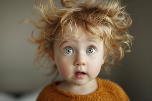 Portrait of surprised blonde baby girl with flying hair photo