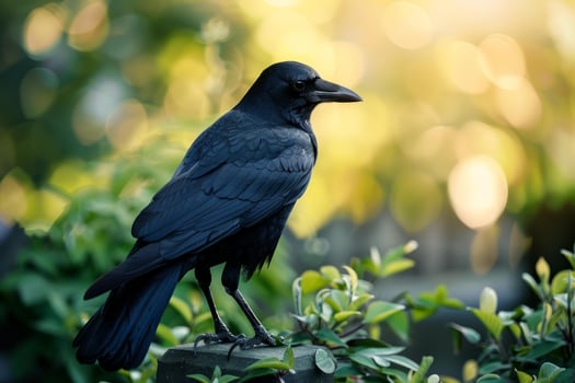 Large black crow perched on stone in lush green garden photo