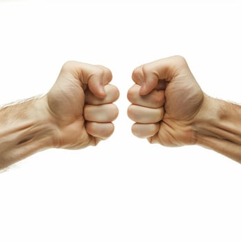 Two male hands with clenched fists facing each other photo