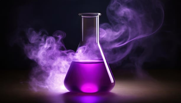 Glass flask with purple liquid and smoke on dark background. Chemical laboratory. photo