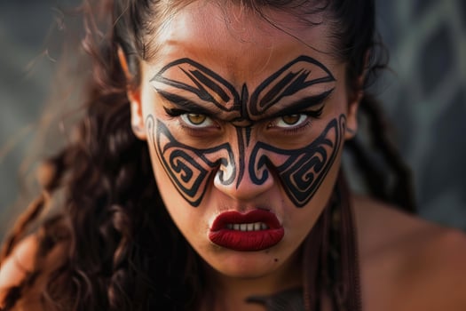 Maori woman showing traditional ta moko tattoo and expressing anger photo