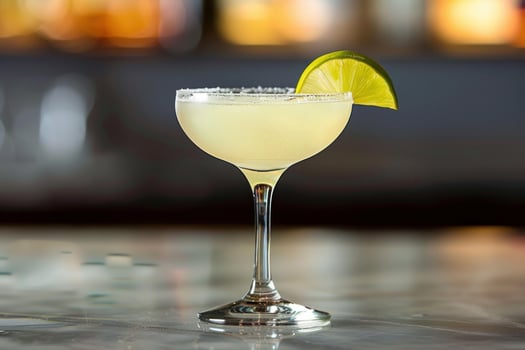 Refreshing margarita cocktail standing on bar counter with lime garnish photo