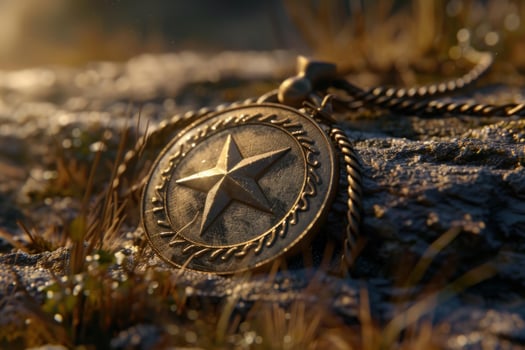 Golden medallion with star symbol resting on rock in soft sunlight photo