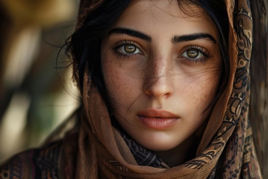 Portrait of young woman wearing traditional headscarf with freckles and brown eyes photo