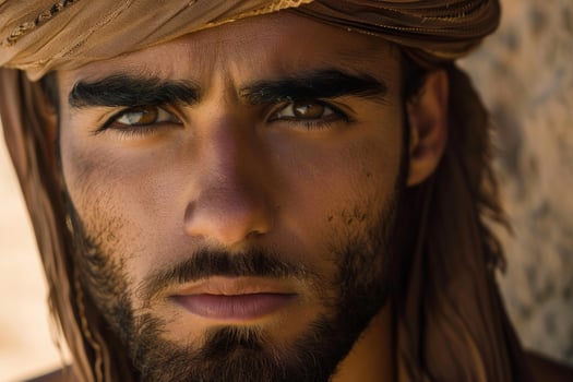 Portrait of bedouin man wearing traditional headdress in desert setting photo