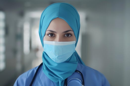 Muslim doctor wearing surgical mask and hijab in hospital corridor photo