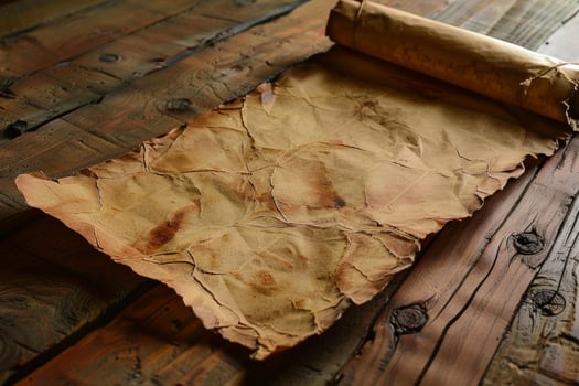 Old crumpled paper scroll lying on wooden table photo