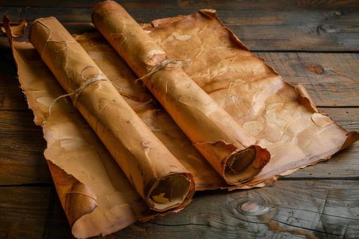 Two ancient scrolls resting on wooden table, preserving history photo