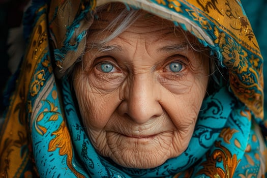Elderly woman wearing colorful headscarf showing wisdom and experience photo