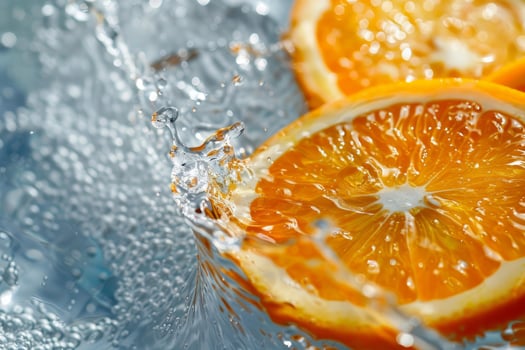 Orange slices splashing into refreshing water photo