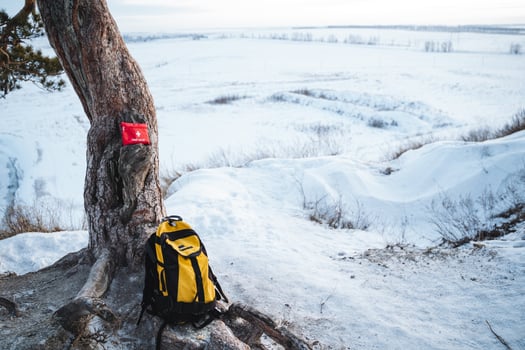 A vibrant, bright yellow backpack is positioned casually against a strong, sturdy tree, framed by a beautiful blanket of pristine white snow in this enchanting winter wonderland scene, photo