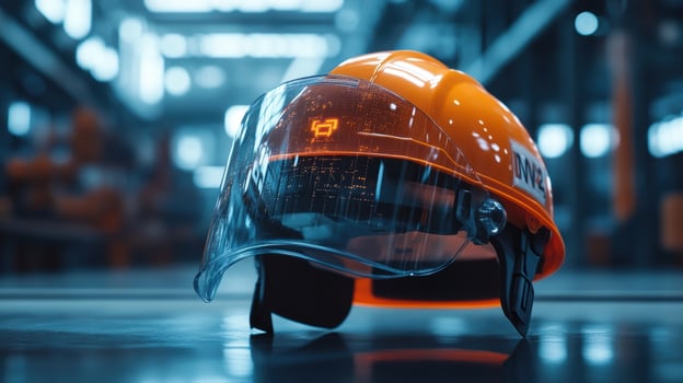 A closeup image of a safety helmet adorned with reflective stickers as the AR visor brings attention to potential slip hazards on the factory floor with caution markers glowing in th photo