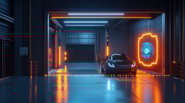 The autonomous vehicle navigating a loading dock with an ambient glow from a nearby 5G icon indicating active data transfer in realtime photo