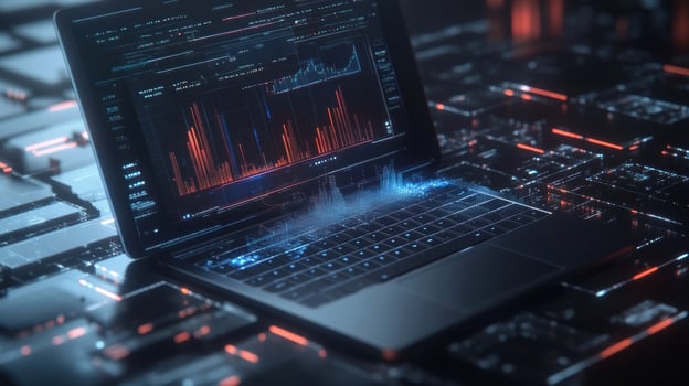 An open laptop revealing an application that visualizes inventory levels in a 3D cloud environment surrounded by various manufacturing analytics and data points photo