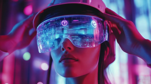 Zoomed in on a worker adjusting their safety helmet the AR visor projecting caution symbols and alerts regarding overhead lifting equipment and safety protocols in vivid colors photo