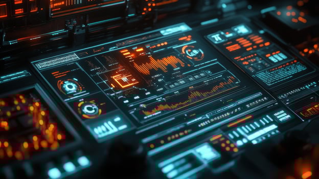 A close shot of a digital console interface with icons representing various manufacturing metrics all connected to a central cloud platform emphasizing data sharing and collaboration photo
