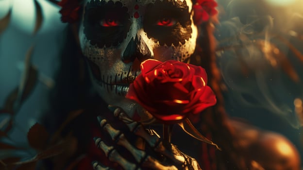 Close up of woman with spooky skull makeup holding red rose, eerie Halloween and gothic style photo