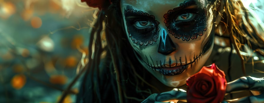 Close-up of woman with spooky skull makeup holding red rose, eerie Halloween and gothic style photo