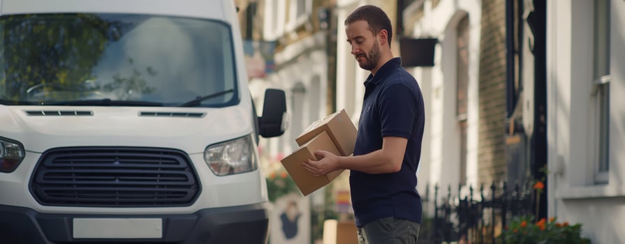 Delivery worker holding packages stands beside a white van on a residential street. photo