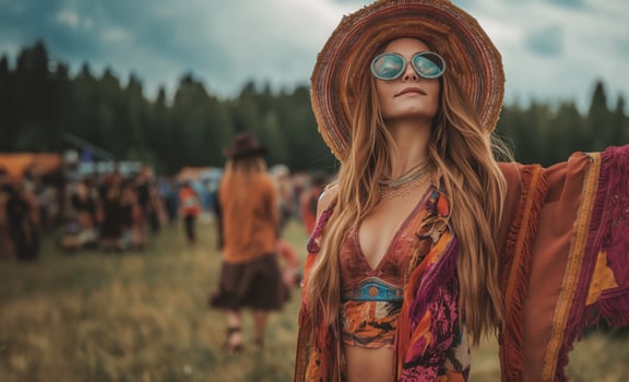 Carefree young woman enjoying outdoor music festival in boho attire with arms outstretched photo
