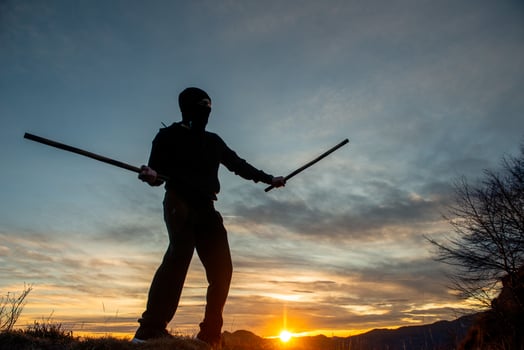 Training with poles at sunset on the top photo