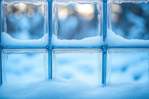 Frost forming on glass block window covered with snow photo