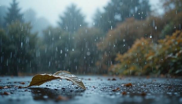 A solitary leaf rests on a wet ground, showcasing the melancholy of rainfall and autumnal beauty photo