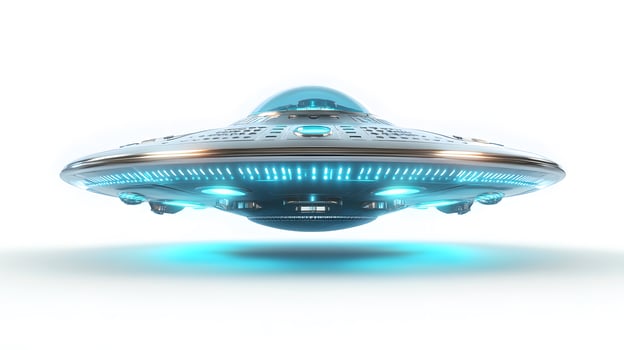 Futuristic silver UFO spacecraft with glowing blue energy rings and transparent dome, rendered in 3D with chrome textures and dramatic lighting against white background. cinematic photo
