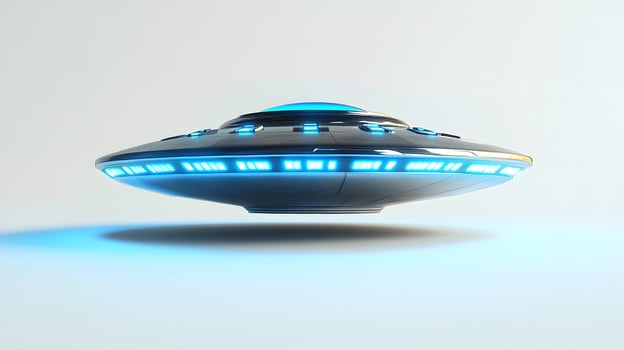 Futuristic silver UFO spacecraft with glowing blue energy rings and transparent dome, rendered in 3D with chrome textures and dramatic lighting against white background. modern photo