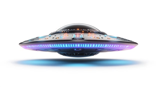Futuristic silver UFO spacecraft with glowing blue energy rings and transparent dome, rendered in 3D with chrome textures and dramatic lighting against white background. sleek photo