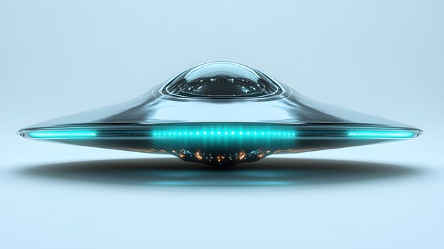 Futuristic silver UFO spacecraft with glowing blue energy rings and transparent dome, rendered in 3D with chrome textures and dramatic lighting against white background. alien photo