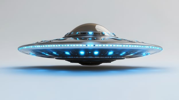 Futuristic silver UFO spacecraft with glowing blue energy rings and transparent dome, rendered in 3D with chrome textures and dramatic lighting against white background. chrome photo