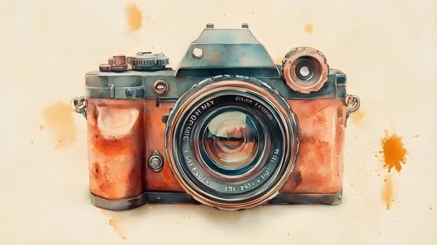 Nostalgic watercolor illustration of vintage camera with brown leather texture, featuring artistic sketch style with coffee stains and sepia tones in travel journal aesthetic. journal photo