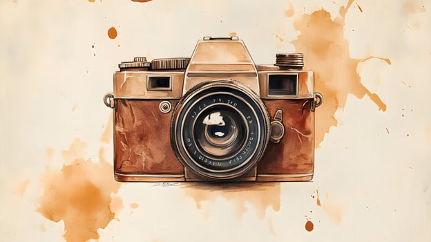 Nostalgic watercolor illustration of vintage camera with brown leather texture, featuring artistic sketch style with coffee stains and sepia tones in travel journal aesthetic. gentle photo