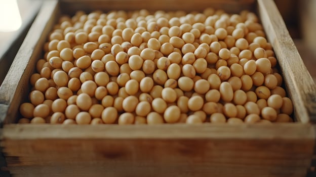 A close-up of roasted soybeans used in the Setsubun festival, placed in a beautifully crafted wooden box photo