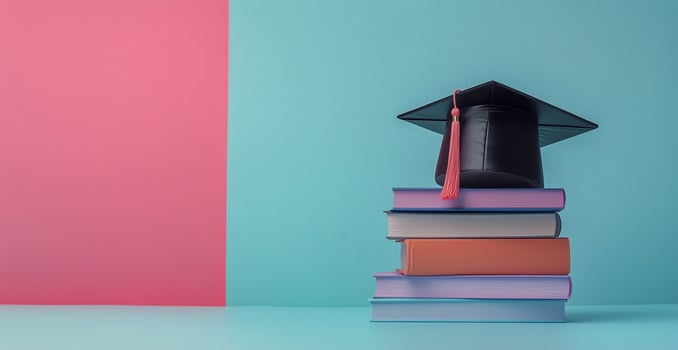 Graduation cap on top of stack of books photo